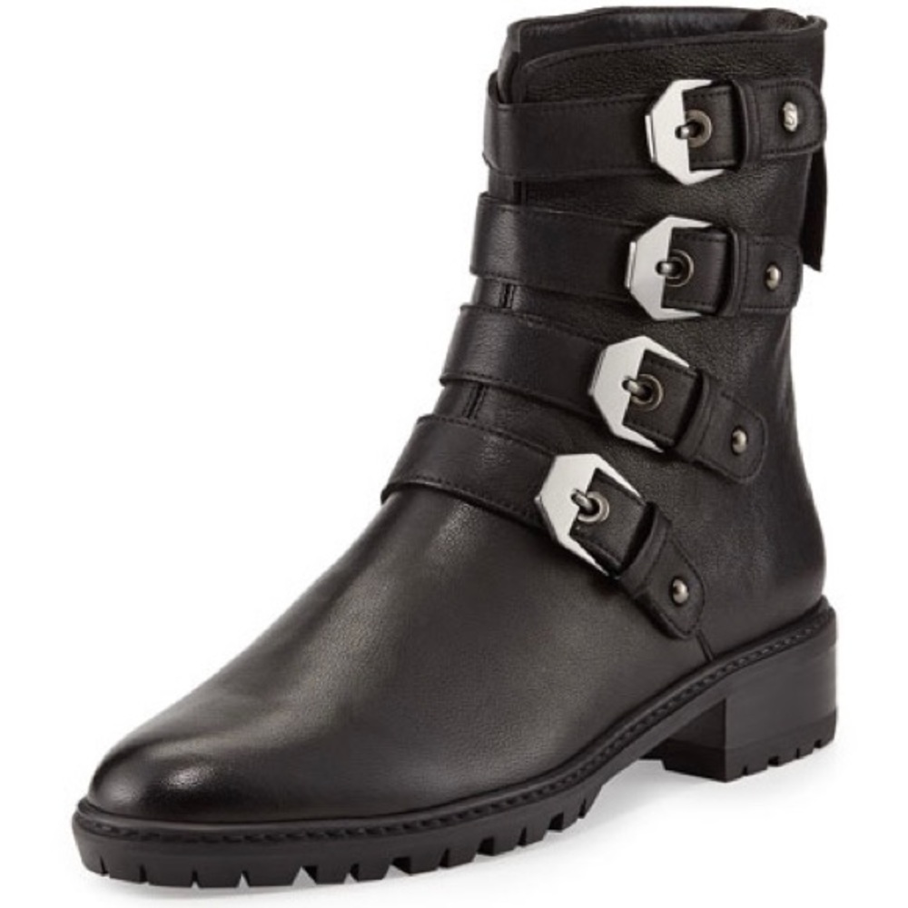 Stuart Weitzman Jitterbug Leather Moto Buckle Boots Black 8